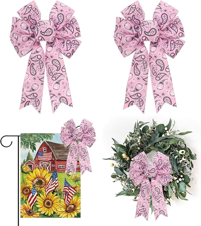 ALIBBON 2 Pcs Bandana Bows for Wreaths, Paisley Cashew Floral Wreath Bows, Pink Bandana Ribbon Bow for Front Door, Western Cowboy Decor Tree Topper Bows for Indoor Outdoor Home Holiday Decorations