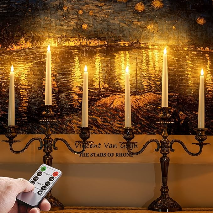 Homemory 6 Pcs Waxy Flameless Taper Candles with Remote, Led Candlesticks Classic Tall Candle, Flickering Battery Operated Taper Candles for Bedroom, Dining Room, White, 9.6 inches