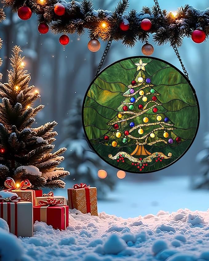 Stained Glass Window Hanging - Green Christmas Tree with Colorful Lights Suncatcher for Doors Home Christmas Decoration Sun Catcher Thanksgiving New Year Birthday Gifts for Women Men Mom Nana 15 in