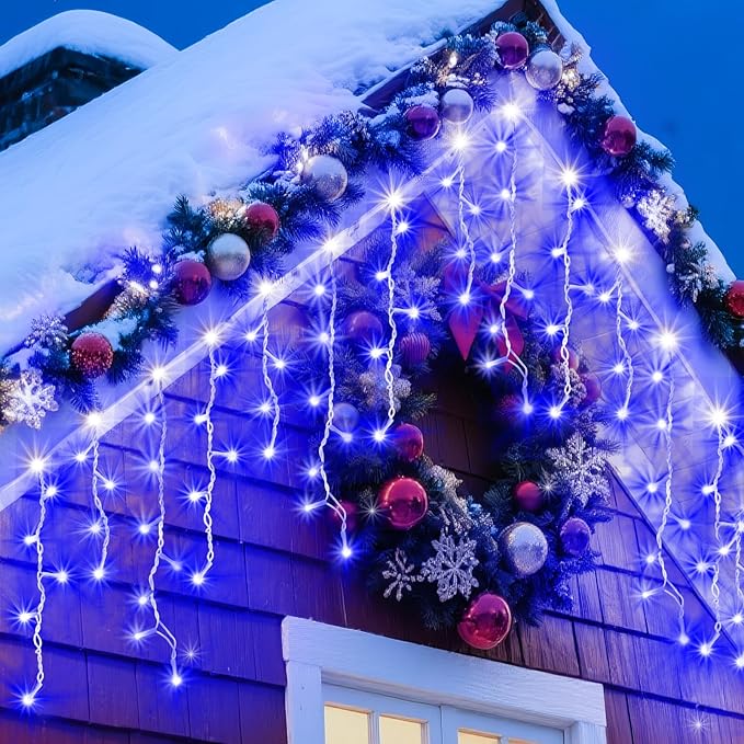 XURISEN 66ft Christmas Lights Decorations Outdoor, 640 LED 8 Modes Curtain Fairy Lights with 120 Drops,Plug in Waterproof Timer Memory Function for Christmas Holiday Wedding Party Decor(Blue)