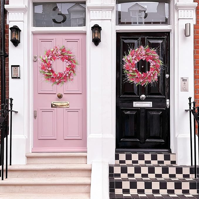 Sggvecsy 21in Valentine's Day Artificial Pink Forsythia Wreath Spring Summer Fake Daisy Wreath Handmade Wreath with Daisies Lavender for Gifts Festival Front Door Window Wall Farmhouse Decor