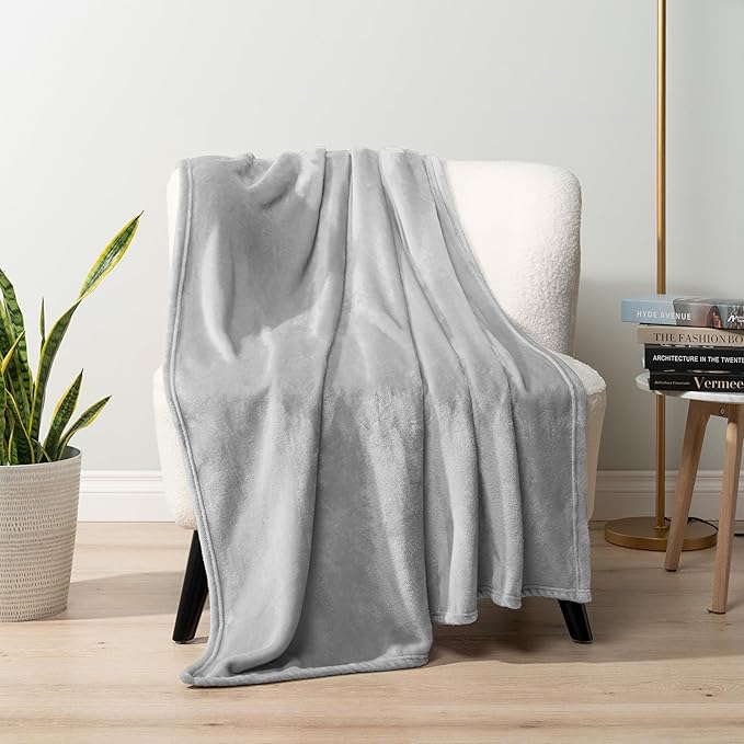 PAVILIA Light Grey Fleece Throw Blanket for Couch Twin Size, Silver Super Soft Fuzzy Flannel Throw for Sofa, Luxury Plush Microfiber Blanket Twin Bed, Home Decorative Velvet Gift Blanket, 60x80