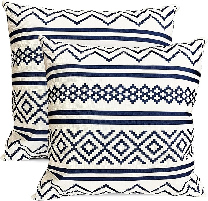Decorative Throw Pillow Covers Set of 2 Blue Boho Pillow Covers 22x22 Inch Throw Pillow Cover Linen Pillowcase Modern Farmhouse Outdoor Pillow Covers for Couch Sofa Bed Living Room