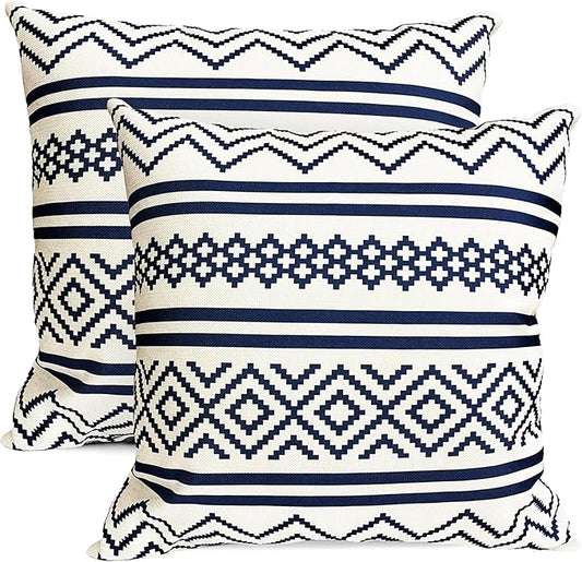 Decorative Throw Pillow Covers Set of 2 Blue Boho Pillow Covers 20x20 Inch Throw Pillow Cover Linen Pillowcase Modern Farmhouse Outdoor Pillow Covers for Couch Sofa Bed Living Room