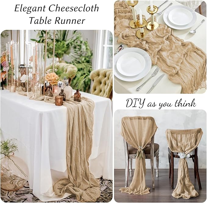 10 Pack Beige Cheesecloth Table Runner,10FT/120 Inch Boho Gauze Fabric Table Runner,Rustic Sheer Beige Cheese Cloth Runner Bulk for Wedding,Bridal Baby Shower,Birthday Party,Holiday Home Table Decor