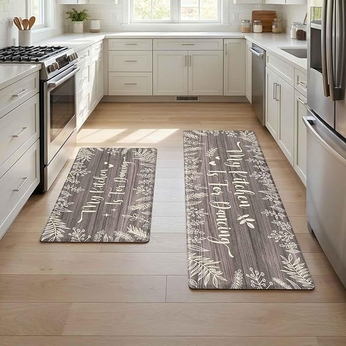 Kitchen Rug Mats for Floor Cushioned Anti Fatigue Gray Kitchen Rugs Sets of 2 Rustic Farmhouse Non Slip Waterproof Comfort Memory Foam Standing Floor Mat for Office Laundry Sink Desk
