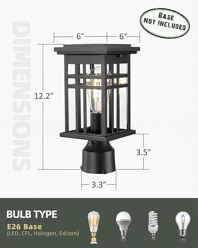HWH INVESTMENT Outdoor Post Lantern Dusk to Dawn, Patio Pole Lamp Post for Yard Garden, Waterproof Exterior Lamp Post Lantern with Photocell Sensor, Clear Glass, 5HD36P PC BK