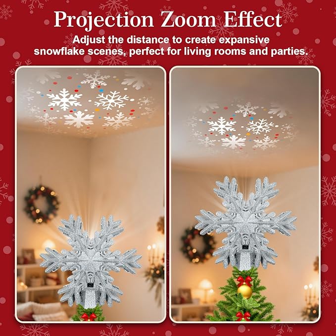 Christmas Tree Topper Lighted with LED Rotating Silver Snowflake Projector, 3D Hollow Glitter Lighted Silver Snow Christmas Star Tree Topper with Plug for Indoor Outdoor Christmas Tree Decorations
