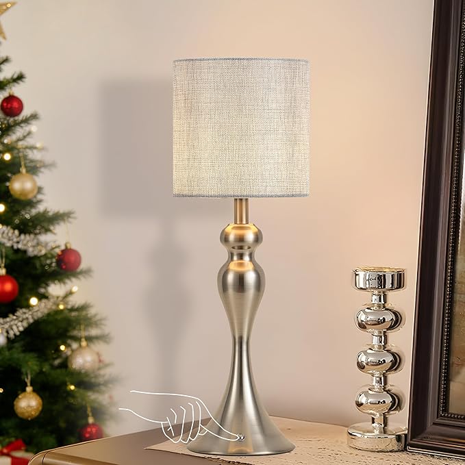 Table Lamp for Bedroom, Cordless Bedside Lamps for Living Room, Touch 3-Way Dimmable Desk Lamp for Night Stands, Rechargeable, Battery Operated Lamp with Fabric Shade for Dorm, Home Office (Nickel)