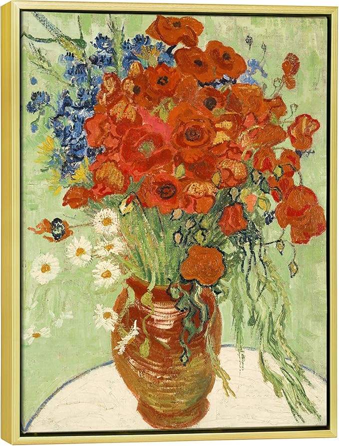 Wieco Art Framed Art Red Poppies and Daisies Canvas Prints Wall Art of Van Gogh Famous Floral Paintings Reproduction Abstract HD Classical Flowers Pictures Artwork
