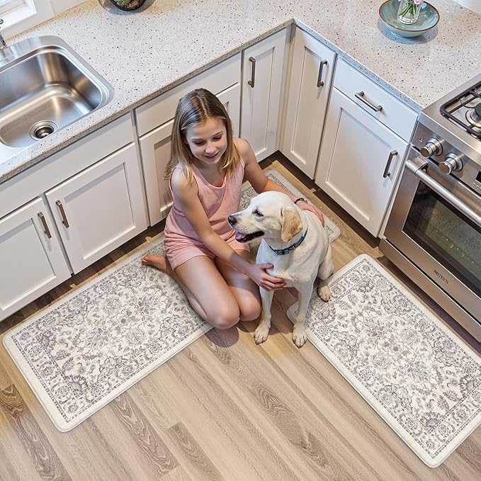 KIMODE Comfort Kitchen Floor Mats Cushioned Anti Fatigue,Boho Vintage Floral Kitchen Rugs Sets of 2,Ergonomic Memory Foam Carpet Non Slip for Sink Laundry Office,Purple Grey 17"x29.5"+17" x47”