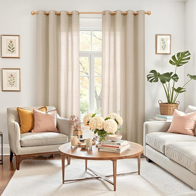 YoungsTex 95 Inch Long Linen Sheer Curtains 2 Panels for Living Room Grommet Light Filtering Natural Linen Drapes Lightweight for Bedroom Dining Room Floor Length, Light Tan, 2 Panels, 52 X 95 Inch