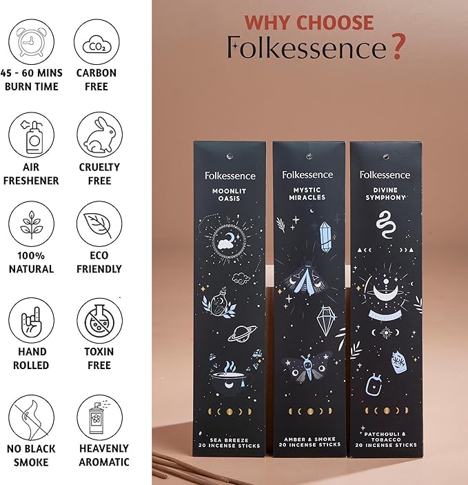 Folkulture Incense Sticks | Set of 6 (120 Insence Sticks) - Non Toxic Palo Santo & Sandalwood, Lavender, Patchouli, Rosemary Insence-Stick | 45 Min Burn Time | Inscents-Sticks for Women