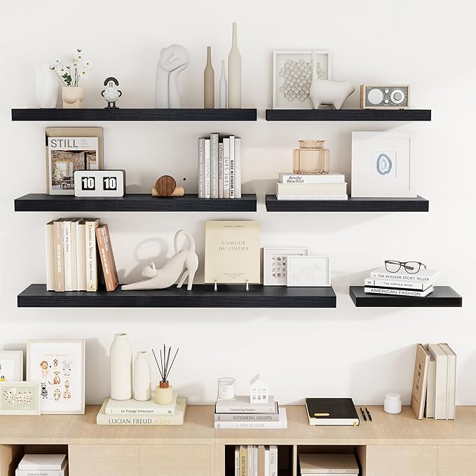 24 Inch Floating Shelves, 24"x9.25"x1.5" Inch Deep Floating Shelves for Wall, Wooden Shelves for Bathroom, Bedroom, Living Room, Black, 2 Pieces