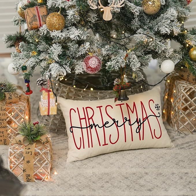 AVOIN colorlife Merry Christmas Throw Pillow Cover, 12 x 20 Inch Winter Holiday Cushion Case Decoration for Sofa Couch
