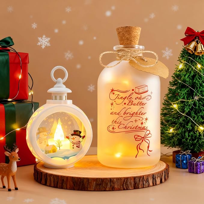 Christmas Night Light, 17.5oz Mason Jar Lantern with LED Light Ornament, 2-in-1 Christmas Decorations for Home, Birthday Gift for Women and Friend, Festive Home Decor