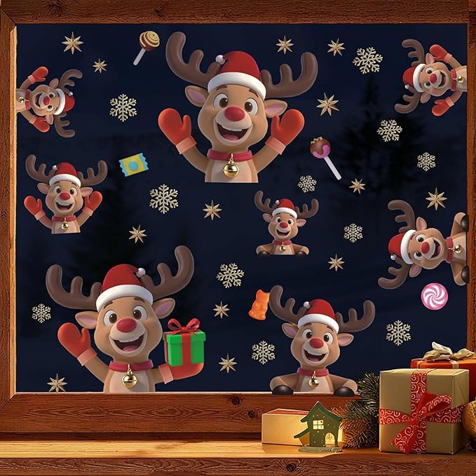 Christmas Window Clings Reindeer, Xmas Elk Wall Decals, Christmas Reindeer Wall Stickers, Xmas Snowflake Window Stickers, Xmas Candy Giftbox Wallpaper for Party Home Living Room Bedroom