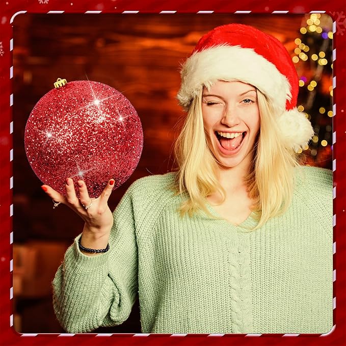 2Pack Red 8" Large Christmas Balls Christmas Tree Decoration Ornaments Shatterproof Glitter Christmas Hanging Balls for Christmas Tree Party Wedding Indoor Outdoor Holiday Decoration(Red, 8inch-2pcs)