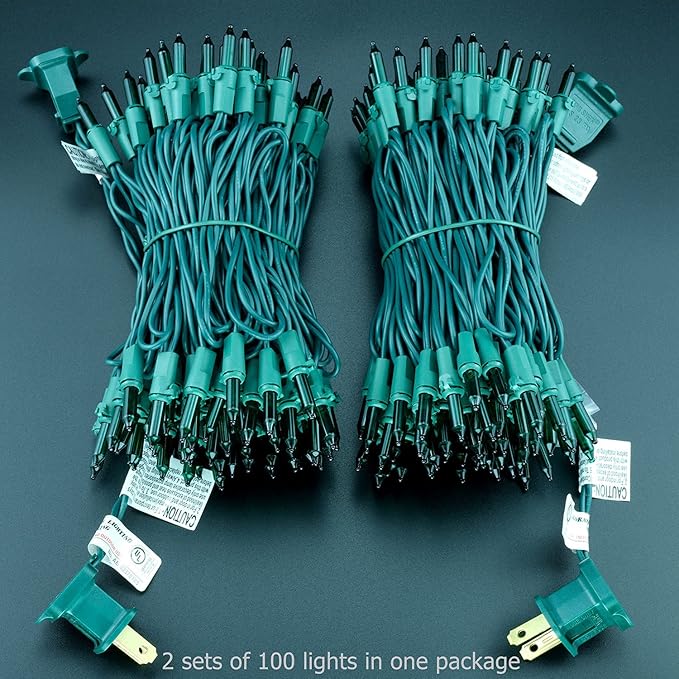 YULETIME 200 Green Christmas Lights, Pack of 2 Sets 33 Feet 100 Count UL Certified Incandescent String Lights (Green - Green Wire)
