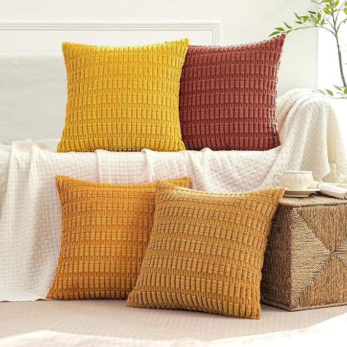 MIULEE Pack of 4 Fall Boho Farmhouse Orange Yellow Corduroy Decorative Throw Pillow Covers 20x20 Inch Soft Striped Pillow Covers Modern Rustic Home Decor for Sofa Living Room Couch Bed