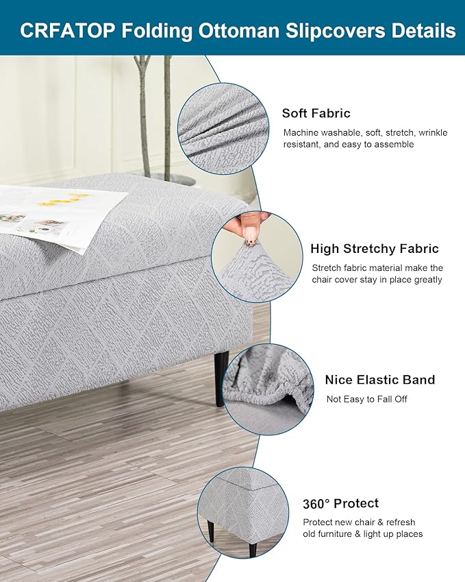 CRFATOP Jacquard Ottoman Stool Cover Stretch Folding Storage Footstool Bench Slipcovers Upholstered Foot Chest Chair Covers Washable Entryway Furniture Protector with Elastic Bands,M,Light Grey