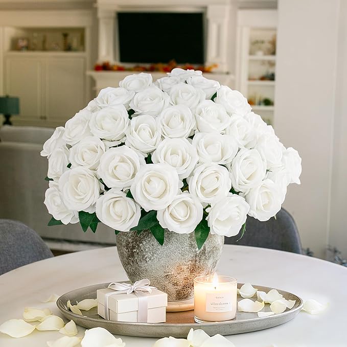 HyeFlora 50 PCS White Roses Artificial Flowers, Fake Roses with Stems Realistic Silk Roses for DIY Wedding Bouquets Tables Centerpieces Arrangements Party Baby Shower Birthday Home Decor Gift for Her