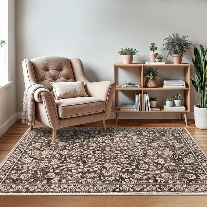 Vintage 3x5 Washable Rug for Entryway, Super Soft Rust Brown Red Entryway Rug with Non-Slip, Printed Faux Wool Floral 3x5 Area Rug Thin Floor Carpet for Kitchen, Bedroom, Living Room