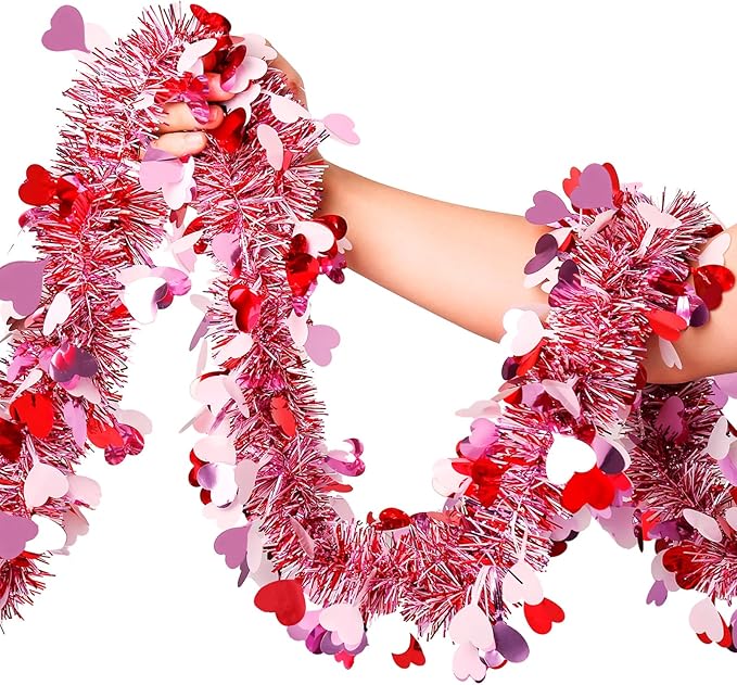 Valentines Garland Decor,50Ft Glitter Tinsel Heart Garland Decorations for Tree Mantle Bedroom Office Classroom Party Indoor Outdoor Holiday Home Pink Red White