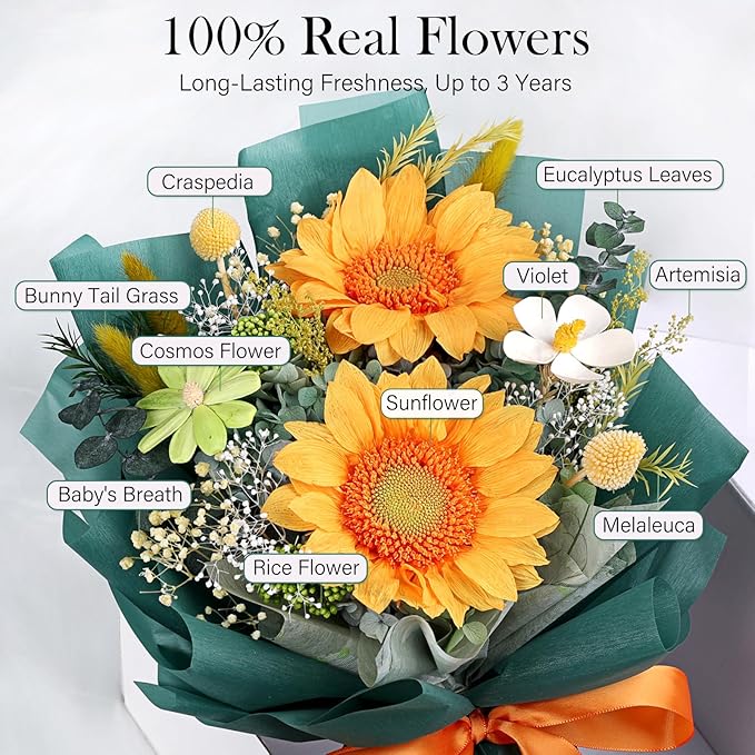 Preserved Sunflower Bouquet - Forever Flowers for Delivery, Green Flower That Last 3 Years, Eternal flowers Bouquet for Her Mother Mom Wife Friends Birthday Sunflower Gifts for Women