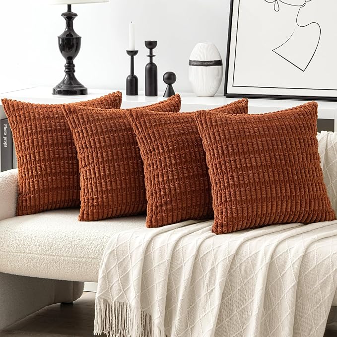 MIULEE Pack of 4 Fall Dark Rust Corduroy Decorative Throw Pillow Covers 18x18 Inch Soft Boho Striped Pillow Covers Modern Farmhouse Home Decor for Sofa Living Room Couch Bed