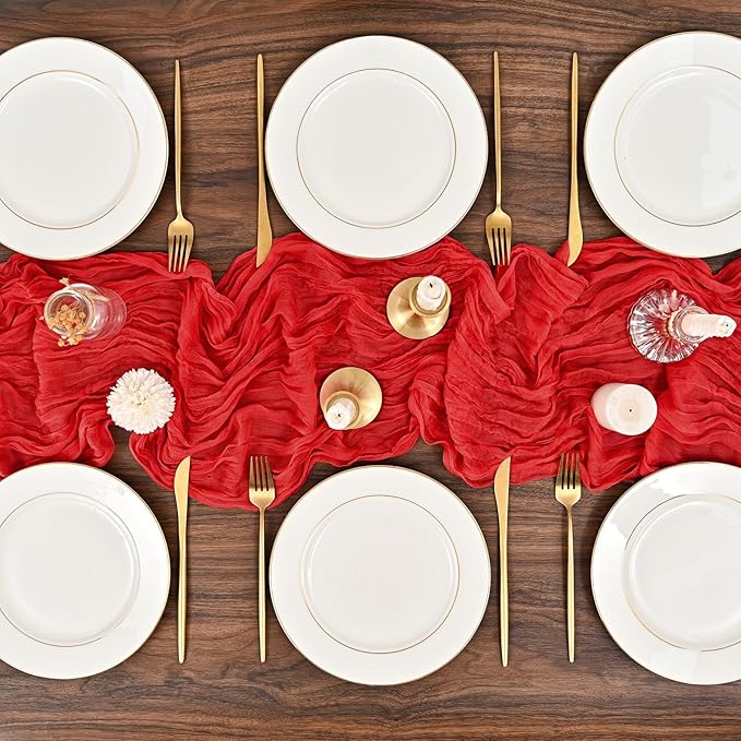 12 Pack Red Cheesecloth Table Runner,10FT Gauze Boho Table Runner 20x120inch Rustic Sheer Cheese Cloth Table Runner for Wedding Party Bridal Shower Table Thanksgiving Christmas Decoration