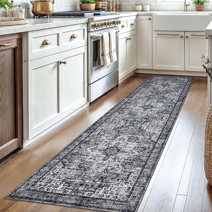 2x8 Washable Runner Rug for Hallways, Moss Charcoal Soft Neutral Vintage Printed Runner with Non-Slip, Non-Shedding Boho Rug for Bedroom Kitchen Porch Laundry Bedroom