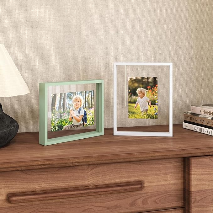 Egofine 8x10 Floating Frames Set of 2, Double Plexiglass Picture Frame, Made of Solid Wood Display Any Size Photo up to 8x10, Wall Mount or Tabletop Standing, Green