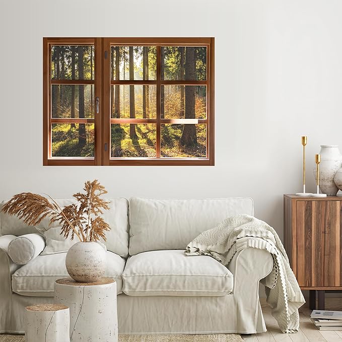 SIGNWIN Removable Wall Sticker/Wall Mural Window Autumn Forest with Golden Sun Rays Photography Realism Decorative Landscape Digital Art for Living Room, Bedroom, Office - 24"x32"