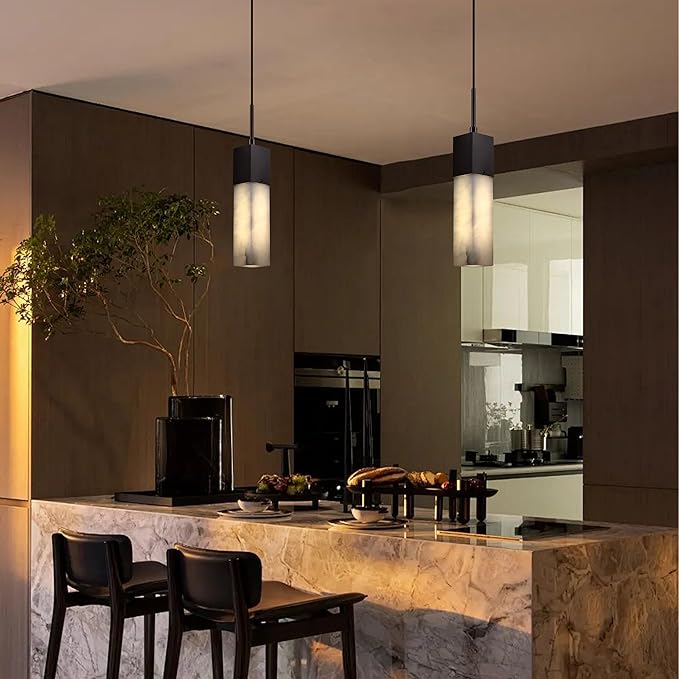 1 Light Hanging Kitchen Island Natural Alabaster Marble Pendant Ceiling Light Fixture,Modern Industrial Farmhouse Light Oil Rubbed Bronze Finish Over Sink Restaurant bar Corridor