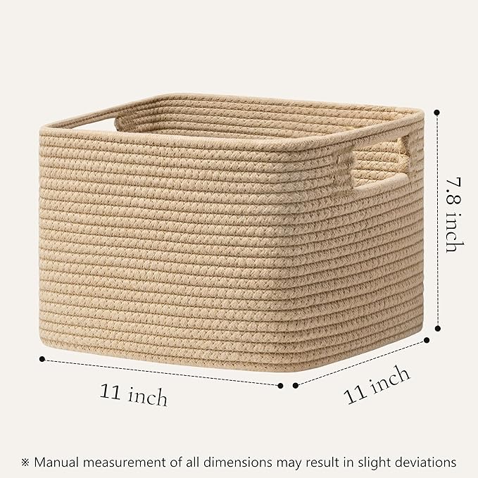 UBBCARE Storage Cubes 4 Pack, 11x 11x 7.8 Cube Storage Bin with Handles, Cotton Rope Baskets for Organizing, Woven Baskets for Shelf, Baby Nursery, Toy Storage, Closet, Classroom, Brown