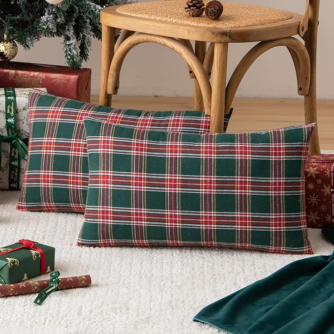 AQOTHES Pack of 2 Christmas Plaid Decorative Throw Pillow Covers Scottish Tartan Cushion Case for Farmhouse Home Holiday Decor Red and Green, 12 x 20 Inches