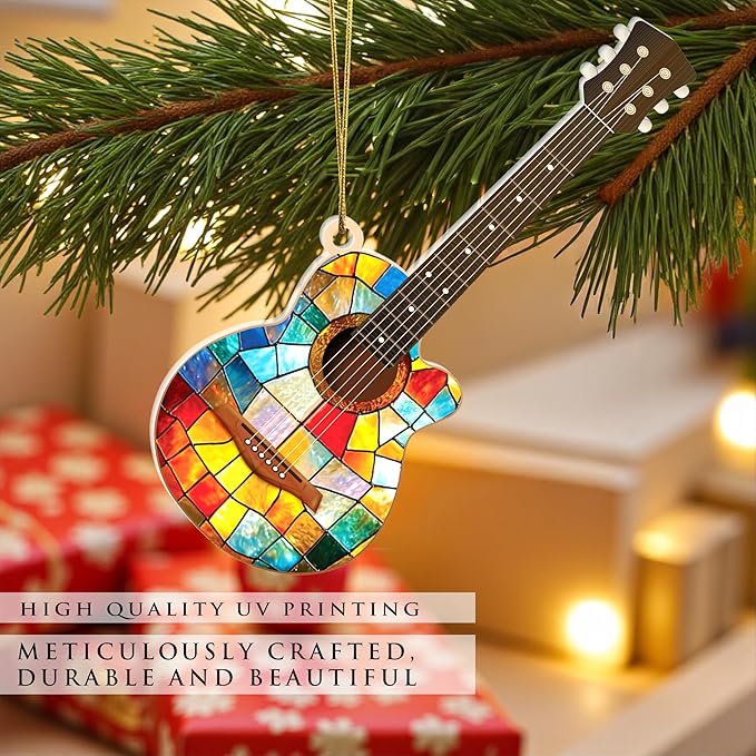 Acrylic Guitar Ornament, Double-Sided Stained Glass Style Music Ornament for Christmas Tree, Gift for Musicians, Guitar Players & Music Lovers, Holiday Decor with Suncatcher Effect