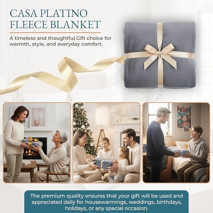 Casa Platino Fleece Blanket Queen Size – 90x90 Soft & Lightweight Flannel Throw for Bed, Sofa, or Guest Room – Warm All Season Blanket – Light Grey
