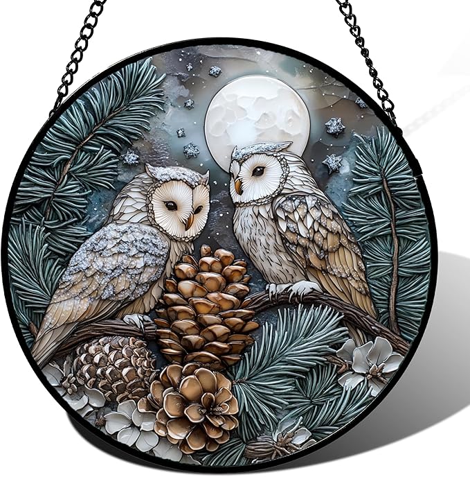 Stained Glass Window Hanging - Owl On A Tree Suncatcher for Doors Garden Patio Winter Scene Sun Catchers Decor Christmas Mother's Day Birthday Gifts for Women Men Mom Nana Friend 15 in