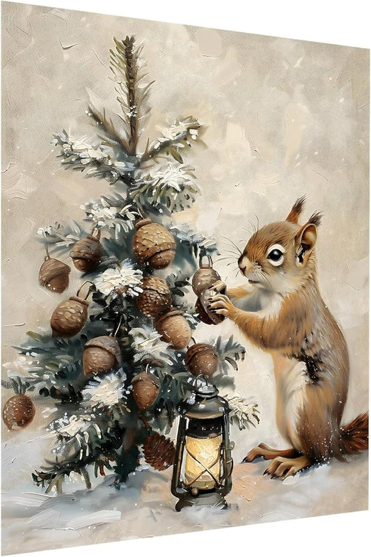 Winter Squirrel Canvas Poster,Winter Canvas Wall Art,Snowy Pine Tree,Rustic Lantern, Acorn Ornaments,Holiday Scene Poster,Woodland Christmas,Christmas Rustic Cottage Core Decor16x24inch Unframed