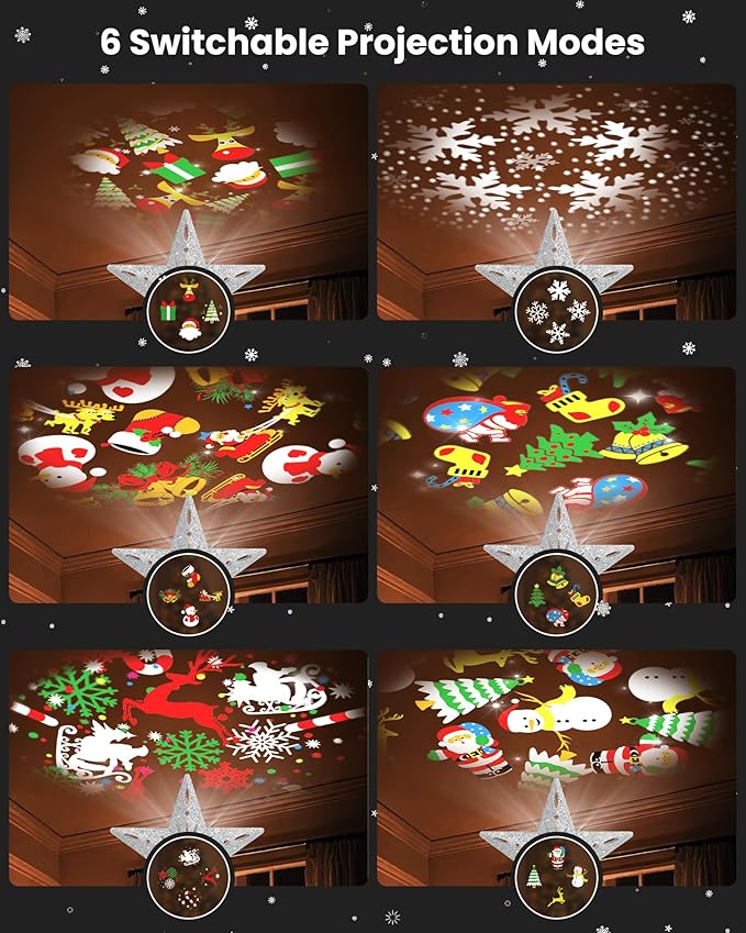 Christmas Tree Topper Star Lighted with 32.8ft Breathing Flickering Light Cord & 6 LED Projection Modes, Silver Christmas Star Topper for Indoor Xmas Holiday Tree Decoration