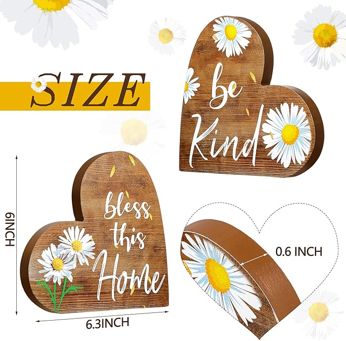 Jetec 2 Pcs Rustic Table Decorations for Living Room Home Decor Farmhouse Valentines Day Centerpiece Small Love Wooden Heart Decor for Dining Room Shelf Valentines Gift Decoration(Daisy Style)