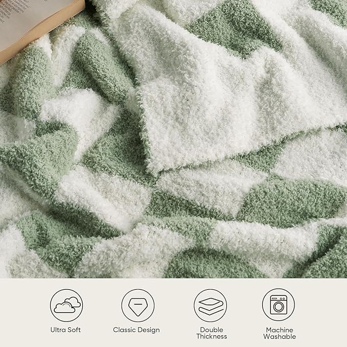 Snuggle Sac Checkered Throw Blanket for Couch, Super Soft, Cozy Warm Knit Blankets, Reversible Plaid Fluffy Throws for Sofa, Bed, Checkered Sage Green, 50x60 Inches
