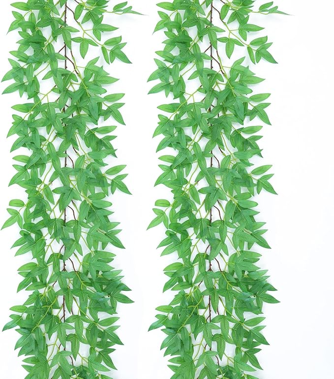 mizii 2 Strands Artificial Vines Nandina Garland 78" Fake Vine with Silk Green Leaves Faux Hanging Plants Greenery Decorations for Bedroom Table Centerpieces Wall Party Wedding Room Decor (Nandina)