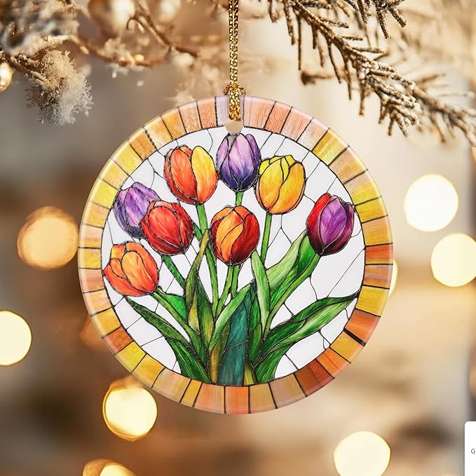 Christmas Ornaments, Dodosky 2.8in Ceramic Tulips Flower Ornament, Xmas Decor, Christmas Tree Ornaments, Xmas Decorations for Tree, Holiday Ornament, Tulips Gifts, Gifts for Women, Mom, Flower Lovers