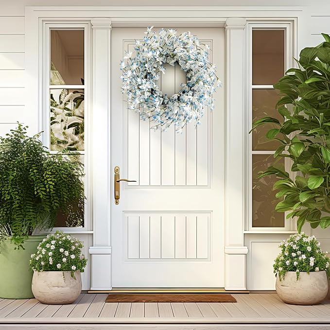 Blue Forsythia Spring Wreath for Front Door, 24 Inch Spring Wreath Blue Cream Cluster on Farmhouse Grapevine Blossom Cluster for Festival Celebration Front Door Wall Window Christmas Home Décor