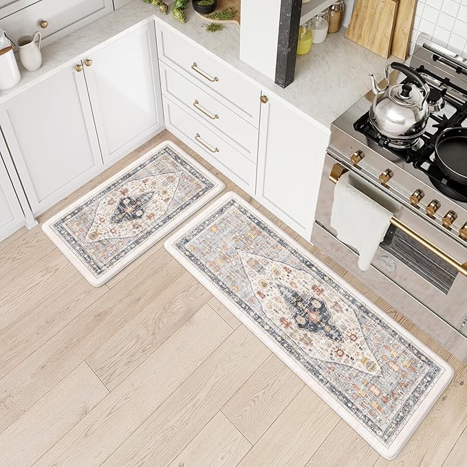 Collive Boho Floor Mats 2 PCS, Cushioned Anti-Fatigue Non-Skid Waterproof Under Sink Mat, Blue/Multi Comfort Standing Desk Mat for Office, Home & Kitchen, 17"x30"+17"x47"