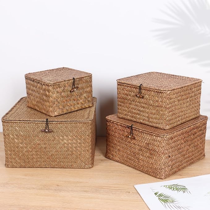 Wicker Shelf Baskets with Lid, Handwoven Seagrass Storage Basket Bins Square Gift Boxes for Shelves Home Decor Organizer (Coffee, Set of 4)