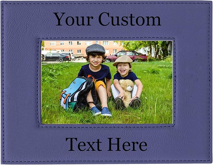 CustomGiftsNow Personalized Add Your Custom Text Engraved Leatherette Faux Leather Hanging/Tabletop Personalized Group Family Photo Picture Frame (Purple, 4x6-inch Horizontal)